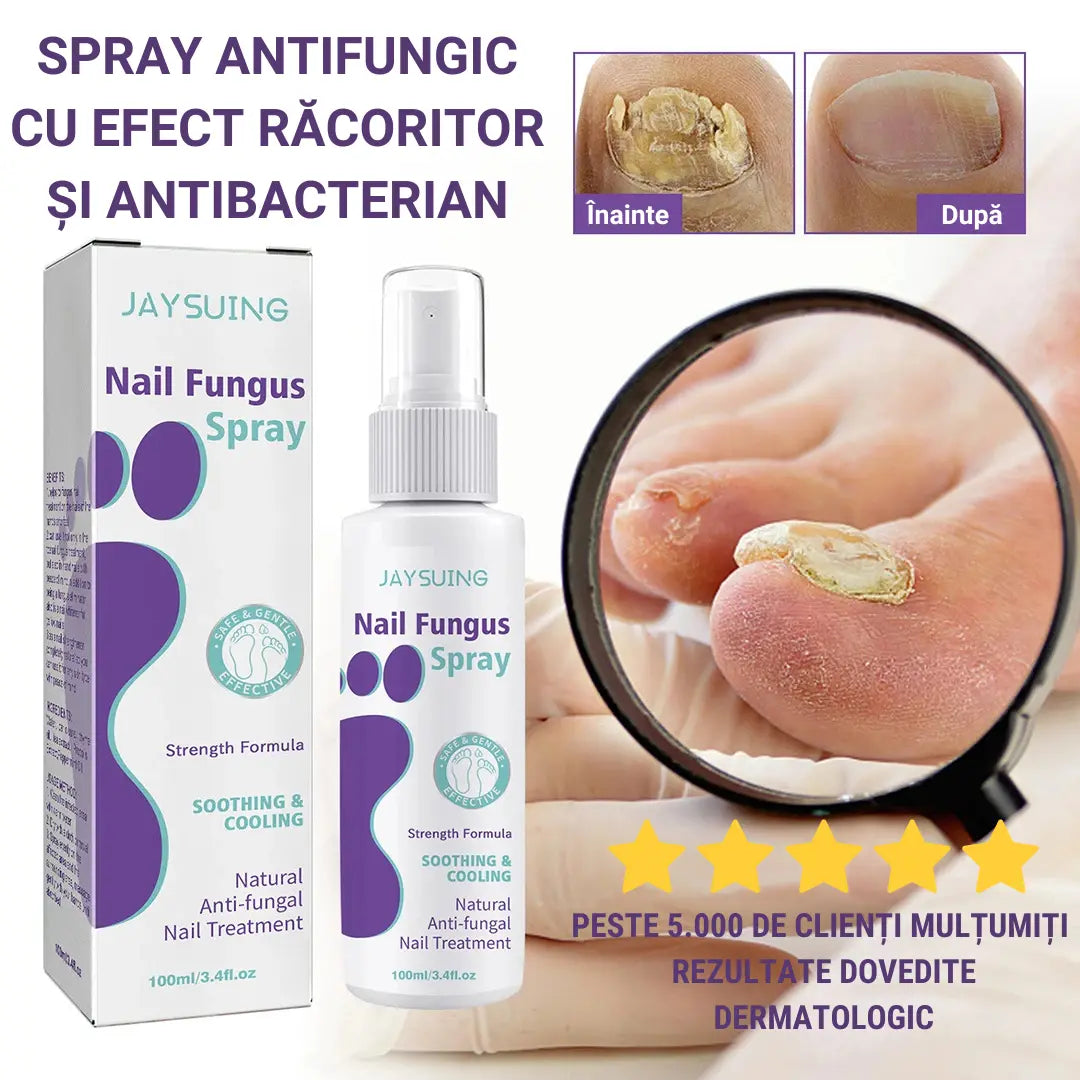 Spray-ul Antifungic cu Efect Răcoritor și Antibacterian, demonstrând transformarea unghiilor înainte și după utilizare, cu peste 5000 de clienți satisfăcuți